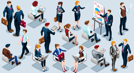 Isolated Group of Diverse Isometric Business People. 3D meeting infograph crowd with standing walking casual people icon set. Conference handshake hand shake lot collection vector illustration