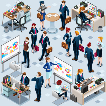 Isometric people isolated office desk meeting staff infographic. 3D Isometric boss person icon set. Creative design vector illustration collection
