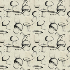 Hand drawn seamless pattern with mushrooms.