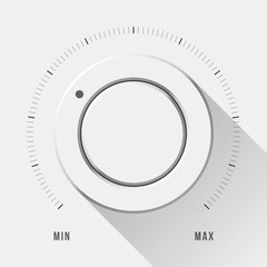 White technology music button, volume knob with flat designed shadow and range scale for design concepts, badges, web, prints, user interfaces, UI, applications, apps. Vector illustration. - 136930539