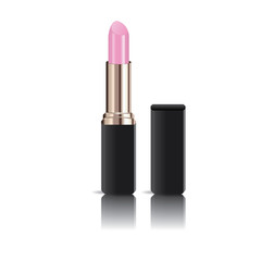Obraz premium Realistic pink lipstick with reflection isolated on white background, mock up, vector illustrator