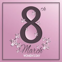 Vector illustration of International women's day, 8 March holiday greeting card with floral and butterfly pattern design and brown background with paper cut ornament.