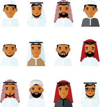 Set of avatar arab business man in flat colorful style.
Occupation avatars of arabic man in national costumes.
