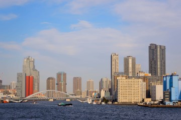Fototapeta na wymiar 築地魚市場方面を望む景色 竹島桟橋から見える晴海、豊洲方面の高層ビルがすごい。