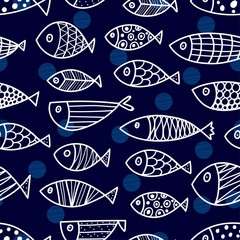 Blue fish. Vector seamless pattern.