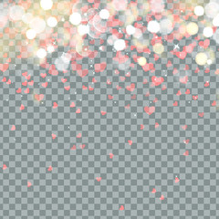 Light bokeh and Heart of Valentines petals falling on transparent background. Flower petal in shape of heart confetti