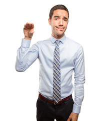 Serious young businessman asking for silence