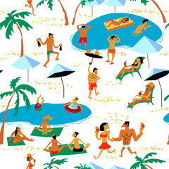 Summer beach people seamless pattern. Tropical background with palms and pound