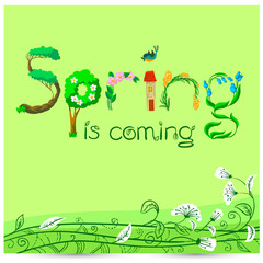 Spring is coming hand drawn lettering inspirational quote. Seasonal background