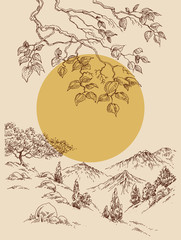 Obraz premium Sketched landscape, beautiful garden panorama