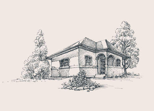 How to draw realistic wooden house trees and bushes in the landscape   step by step pencil art  YouTube