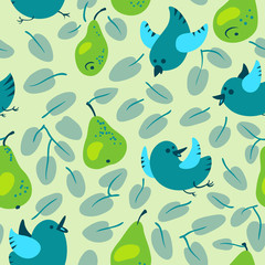 Seamless pattern with fresh green pears. Harvesting background with cute birds and leaves. vector illustration