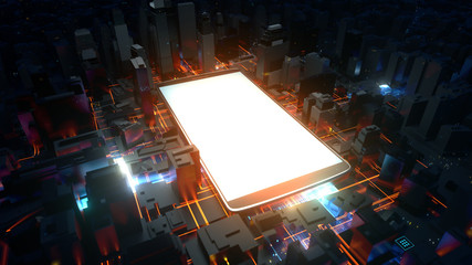 3d rendered technology background. Giant cellphone is in the center of city. Mobile phone generating a lot of energy waves. Interrelation of digital and modern life concept.