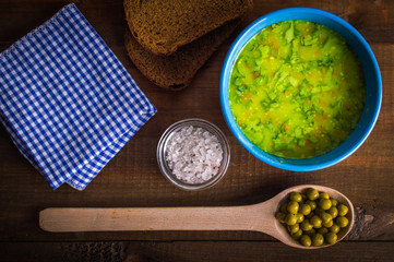 pea soup on a wooden table