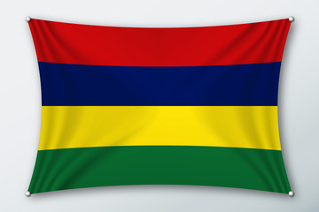 Mauritius national flag. Symbol of the country on a stretched fabric with waves attached with pins. Realistic vector illustration.