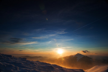 View of sunset in high mountains