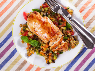 Chicken breast with sauteed vegetables: eggplant, carrot, zucchini, squash and tomatoes. View from above, top studio shot