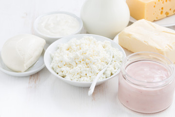 dairy products on white wooden background