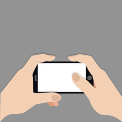 Hands holding smartphone. Template for your design. Space for your text. Vector flat illustration. 