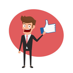 Businessman holding thumbs up sign like and positive feedback concept. Cartoon Vector Illustration.