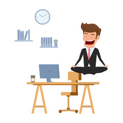 Businessman meditating in peace over the office table. Time management, stress relief and problem solving concepts. Cartoon Vector Illustration.
