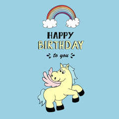 Happy Birthday vector lettering, party illustration with baby pony 