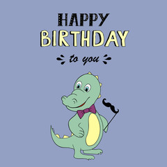 Happy Birthday vector lettering, party illustration with baby dino  © ekaterinakiriy