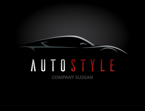 Auto style car logo design with concept sports vehicle icon silhouette on black background. Vector illustration.