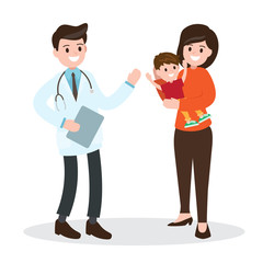 health caring of the child. pediatrician and mother with son. vector illustration on white background.