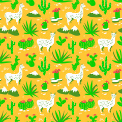Seamless pattern with alpaca and cactus. Vector background with llama and desert plants