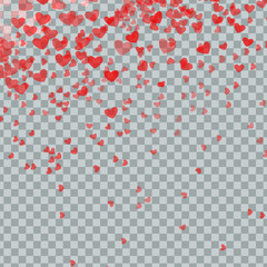 Heart confetti of Valentines petals falling on transparent background. Flower petal in shape of heart confetti