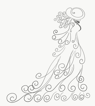  Coloring, elegant silhouette of a lady in a magnificent dress and hat, with hair developing on wind, painted lines with swirls