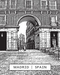 Madrid. Spain. Plaza Mayor - view through the archway into the street. Vector illustration in graphic style.