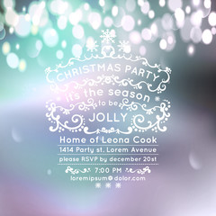 Merry Christmas and Happy New Year card. Christmas typographic message. Vector bokeh background, festive defocused lights, snowflakes, text