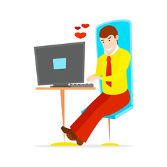 Young handsome Businessman is sitting legs crossed typing something on the desktop computer and friendly smiling. Business concept office work. Modern illustration flat style.