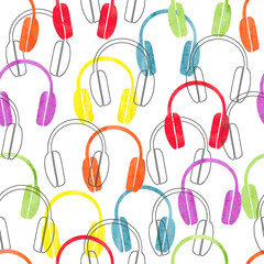 Headphones seamless pattern. Vector colorful music background with earphones. 