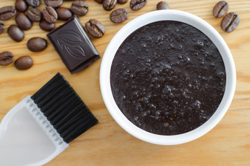 Homemade cocoa (dark chocolate) and ground coffee mask (scrub). DIY cosmetics