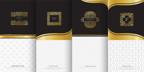 Collection of design elements, labels,icon and frames for packaging and design of luxury products.Made with golden foil Isolated on black background. vector illustration