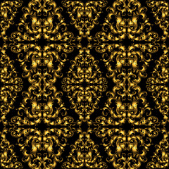 Golden vintage seamless pattern with lot of detailed elements on black background.