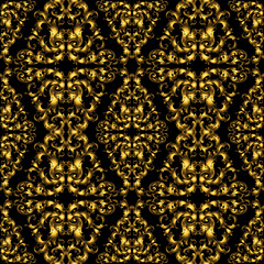 Golden vintage seamless pattern with lot of detailed elements on black background.