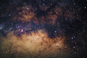 Close up center of the Milky way galaxy with stars and space dust in the universe, Long exposure photograph, with grain.