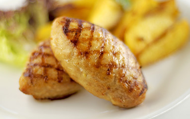 burgers fried, garnish, dish, succulent, appetite, color, horizontal, potatoes, , salad, meat