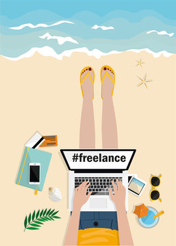 Freelance concept. Girl laying on the beach and typing on laptop. Top view. Hand drawn vector illustration. Workplace with mobile, notebook, camera, pictures and credit cards on beach. Work and rest.