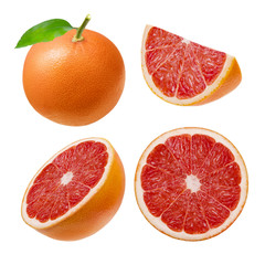Grapefruit. Whole, slice, half, circle, isolated on white background. Clipping path