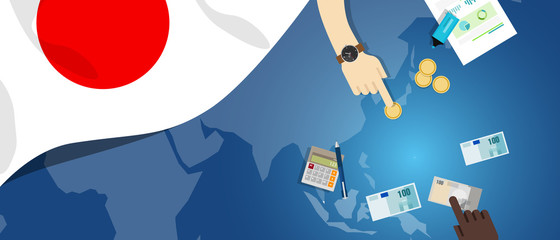 Japan fiscal money trade concept illustration of financial banking budget with flag map and currency