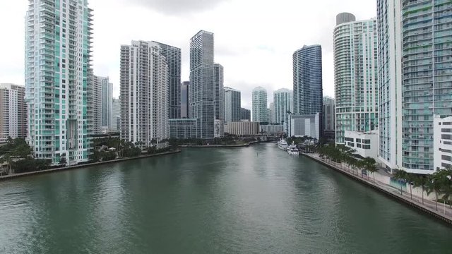 Drone View Downtown Miami River Facing Forward Facing Up