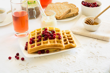 Traditional breakfast: belgian waffles with honey, cranberries and mint leaves on white tablecloth. Selective focus