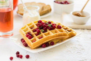 Traditional breakfast: belgian waffles with honey, cranberries and mint leaves on white tablecloth. Selective focus
