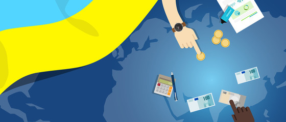 Ukraine economy fiscal money trade concept illustration of financial banking budget with flag map and currency