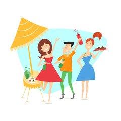 Summer background with cheerful friends, beers, canapes, sausage on the picnic outdoors. Vector characters in mid-century style. 1950s.